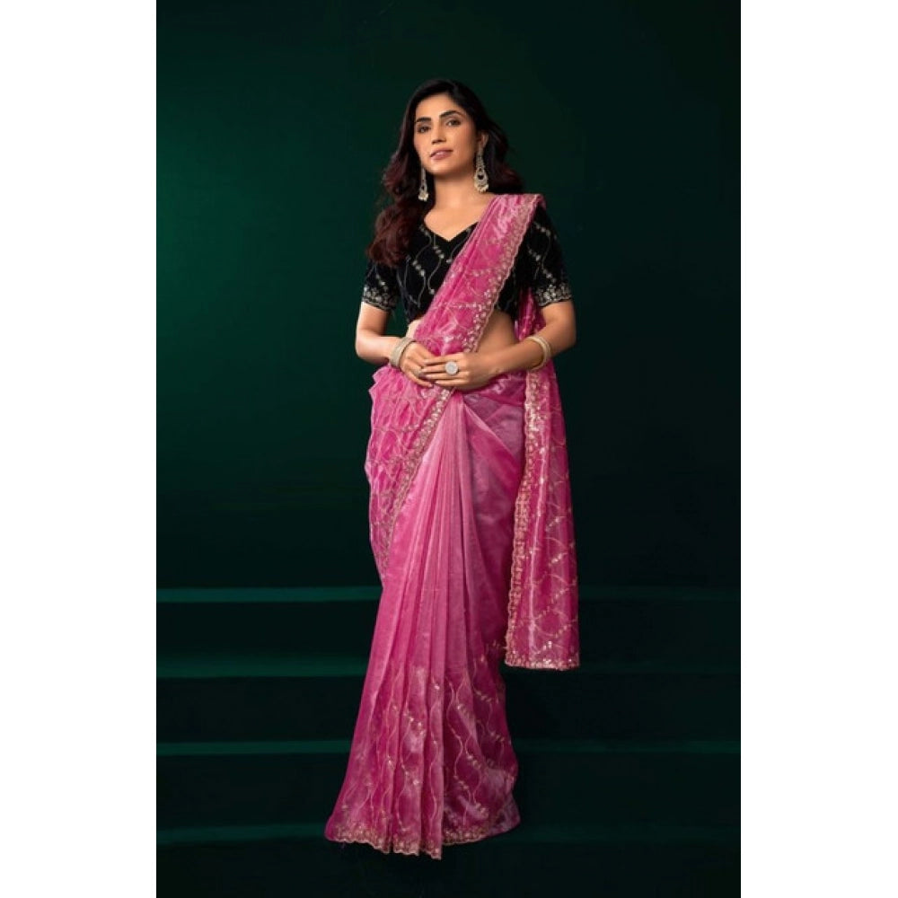 Amfyn Women's Net Sequence Saree With Unstitched Blouse 5.5Mtr (Light Pink)