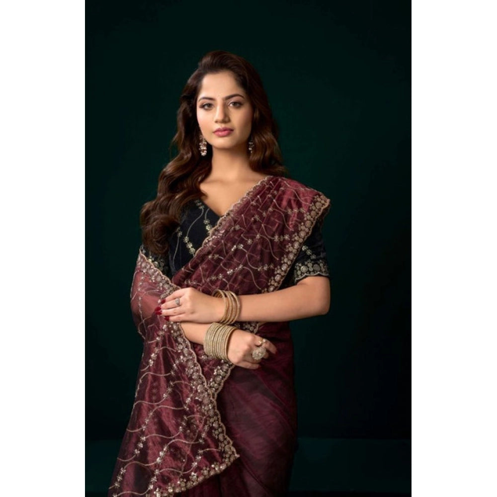 Amfyn Women's Net Sequence Saree With Unstitched Blouse 5.5Mtr (Maroon)