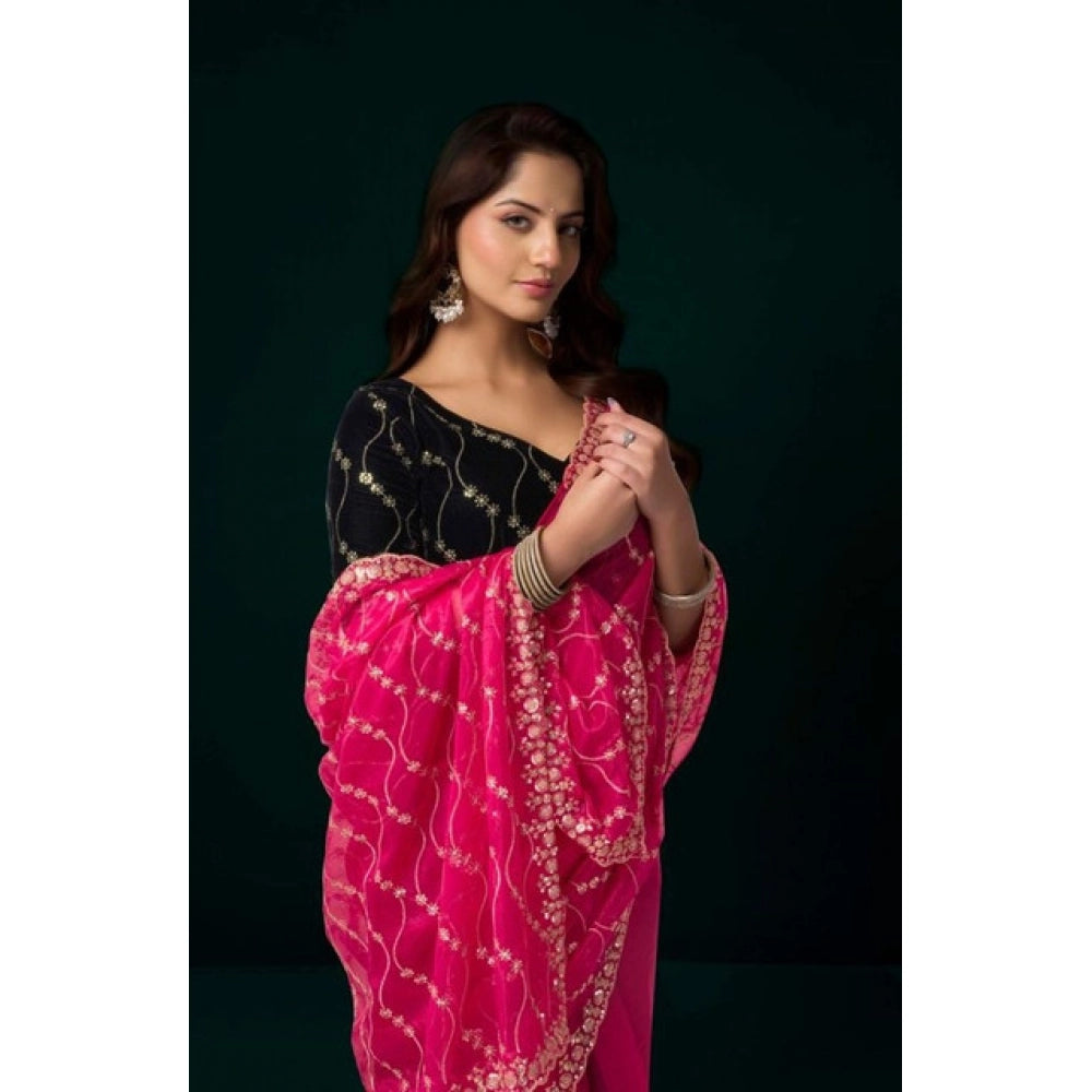 Amfyn Women's Net Sequence Saree With Unstitched Blouse 5.5Mtr (Pink)