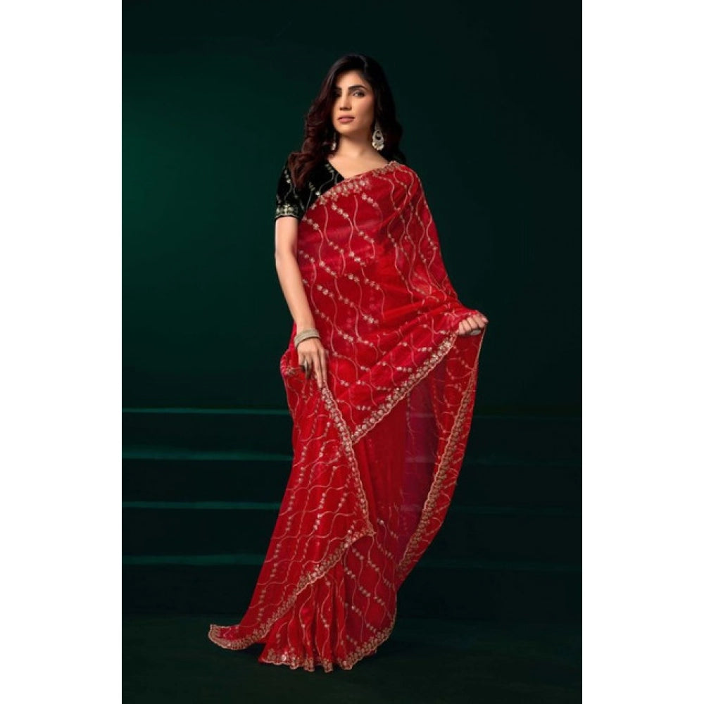 Amfyn Women's Net Sequence Saree With Unstitched Blouse 5.5Mtr (Red)