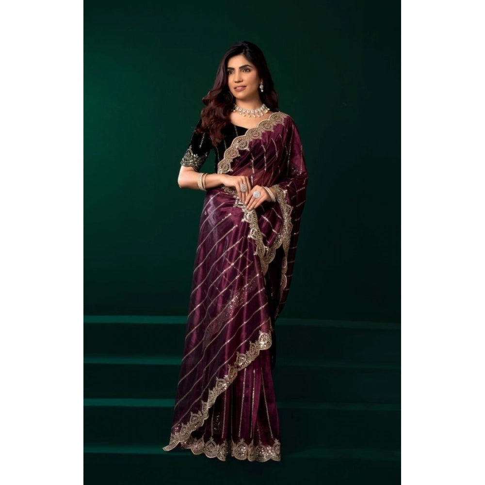 Amfyn Women's Net Sequence Saree With Unstitched Blouse 5.5Mtr (Maroon)