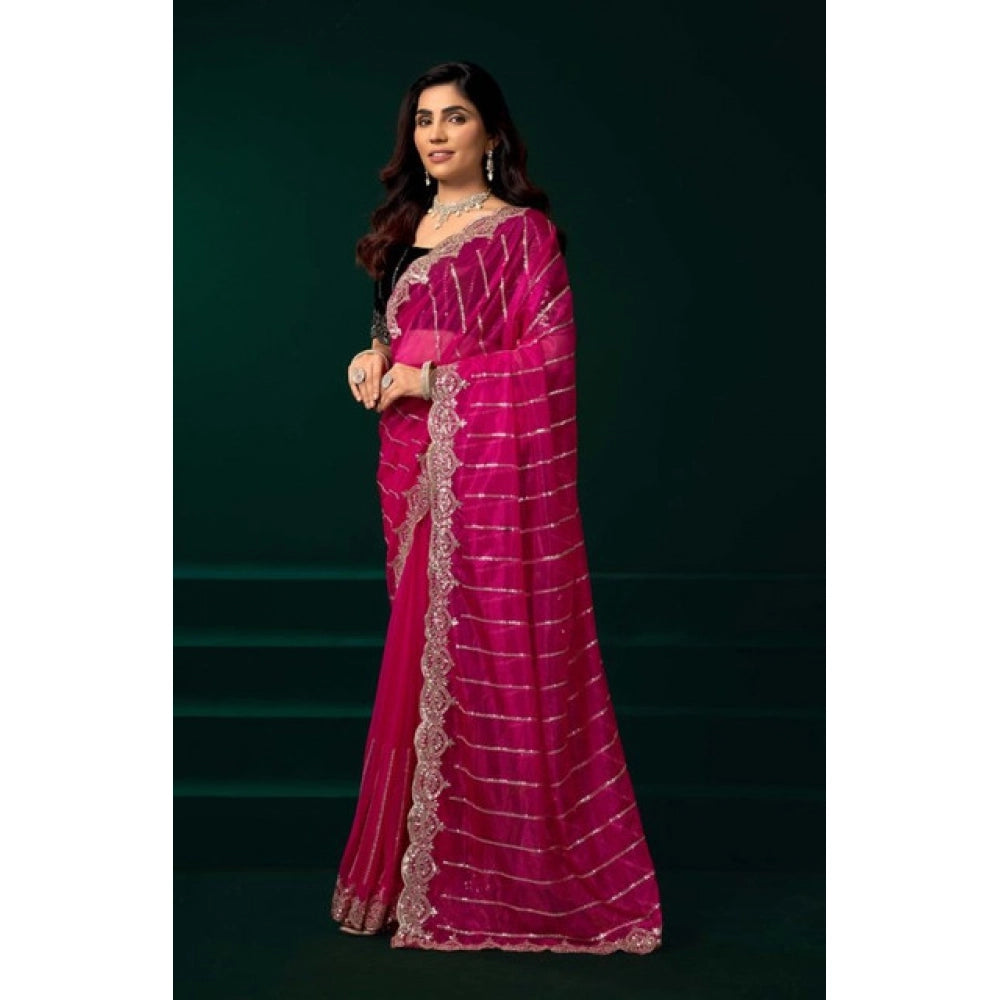Amfyn Women's Net Sequence Saree With Unstitched Blouse 5.5Mtr (Pink)