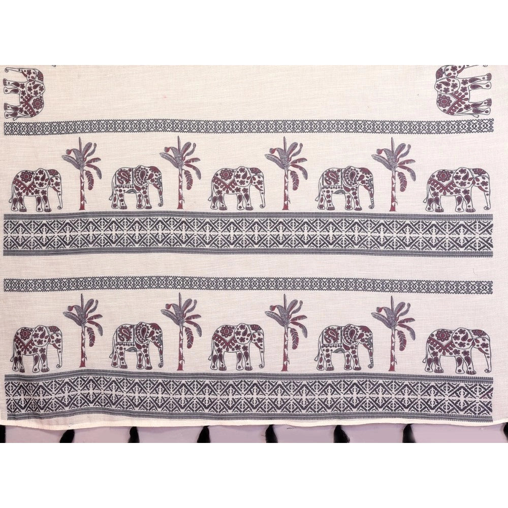 Amfyn Women's Linen Cotton Printed Saree With Unstitched Blouse 5.5Mtr (Off White)