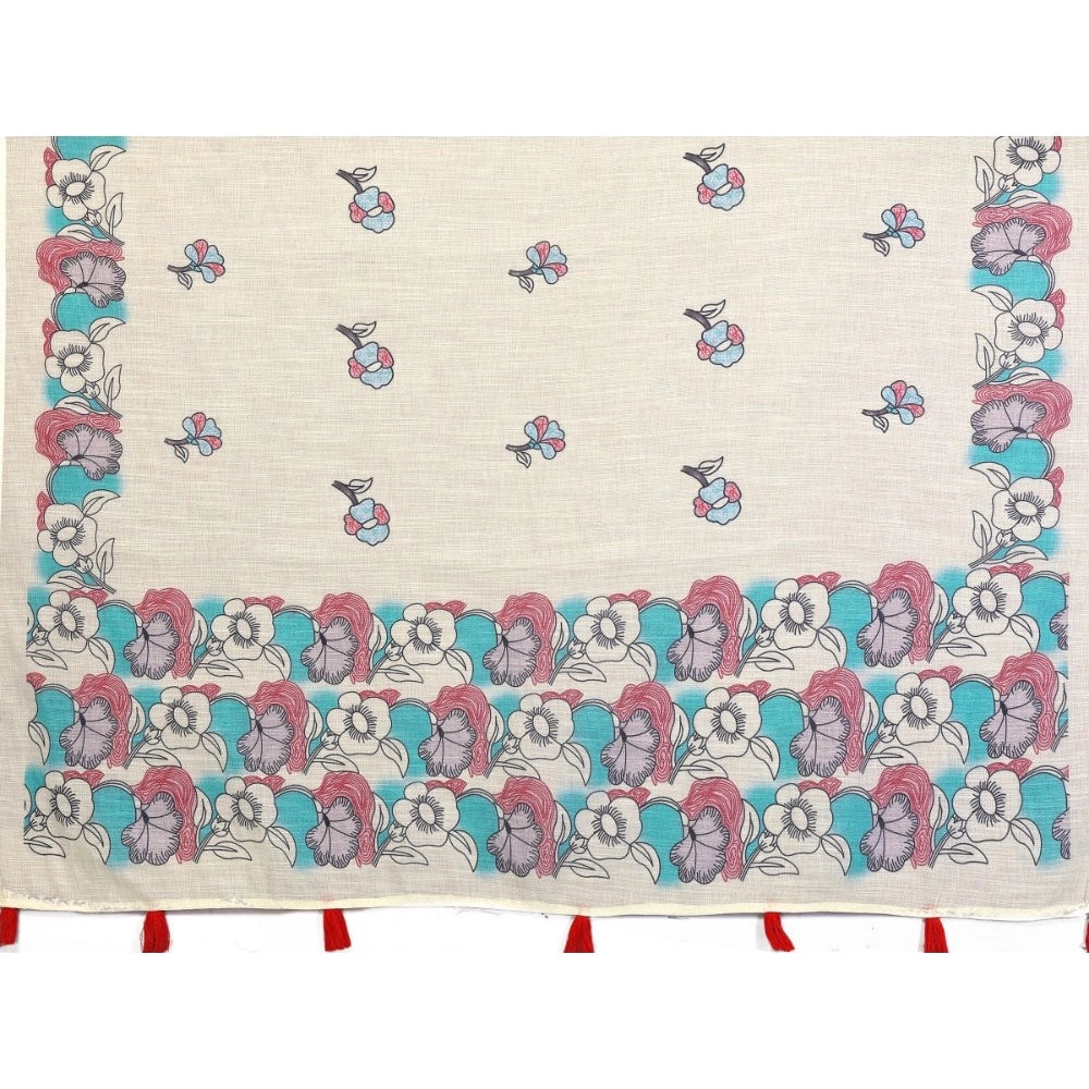 Amfyn Women's Linen Cotton Printed Saree With Unstitched Blouse 5.5Mtr (Off White)