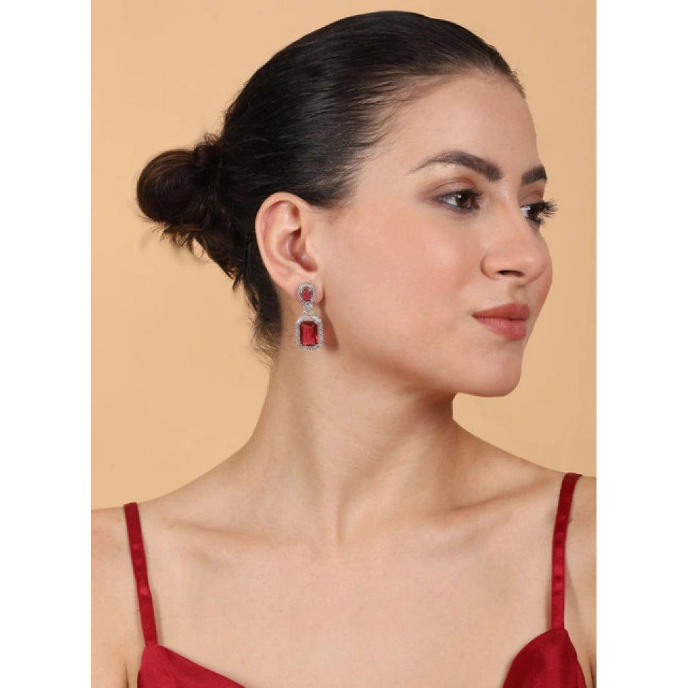 Amfyn Women's Brass Silver Plated Drop Earrings (Red)