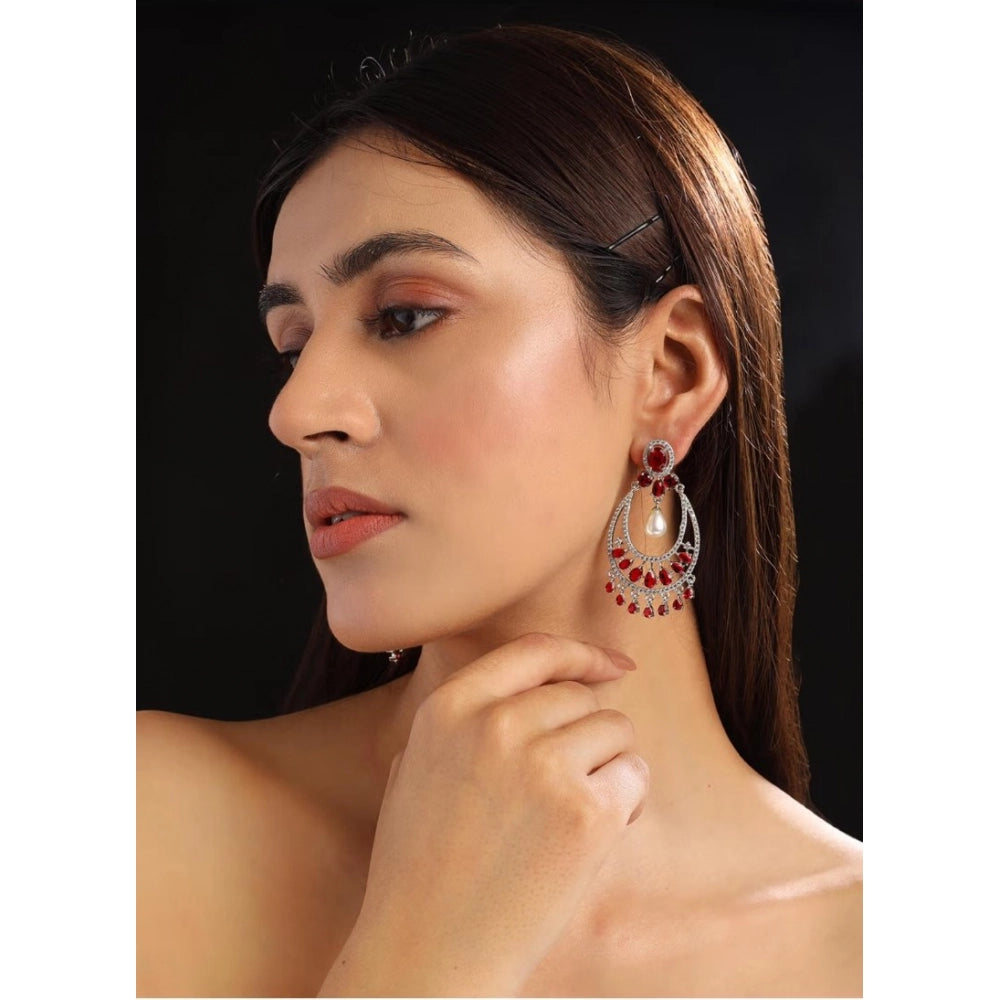 Amfyn Women's Brass Silver Plated Chandbali Earrings (Red)