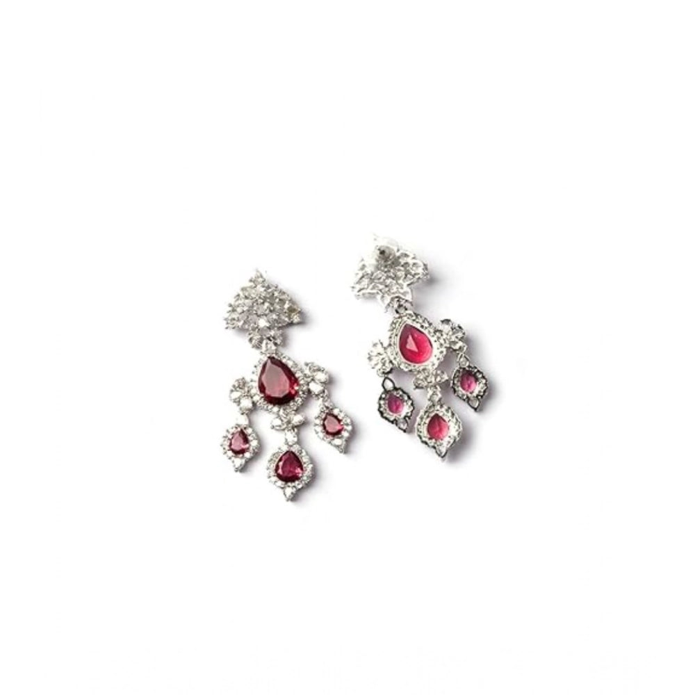 Amfyn Women's Brass Silver Plated Drop Earrings (Red)