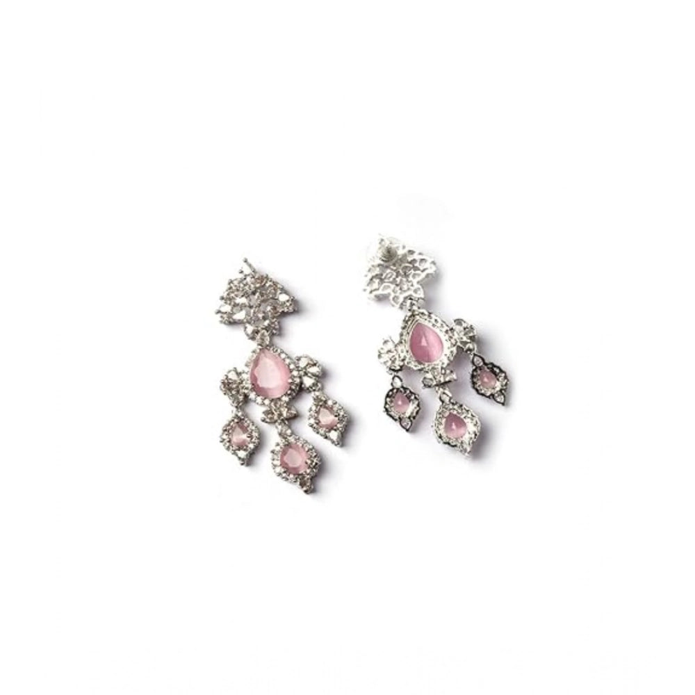 Amfyn Women's Brass Silver Plated Drop Earrings (Pink)
