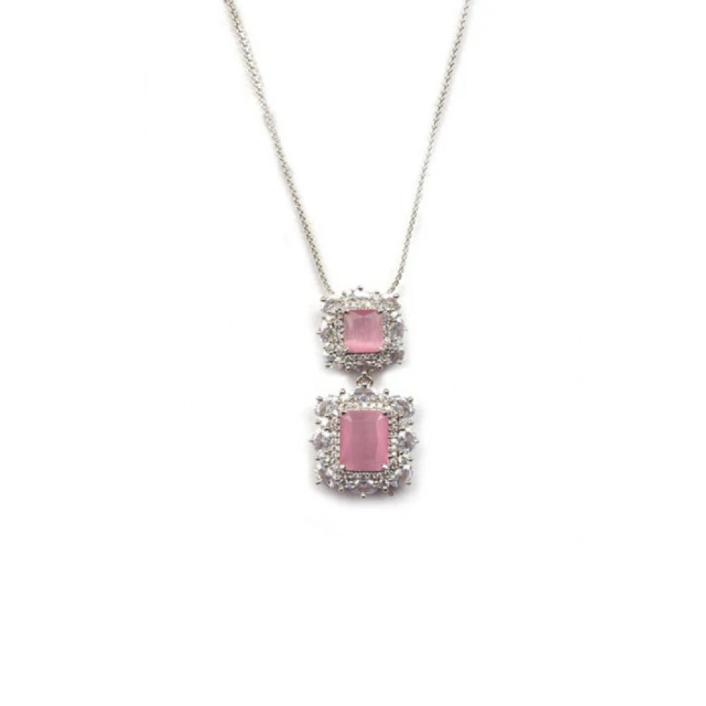 Amfyn Women's Brass Silver Plated Pendant Set (Pink)
