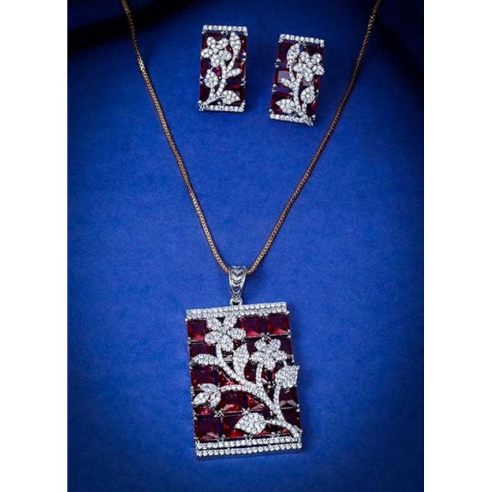 Amfyn Women's Brass Silver Plated Pendant Set (Red)