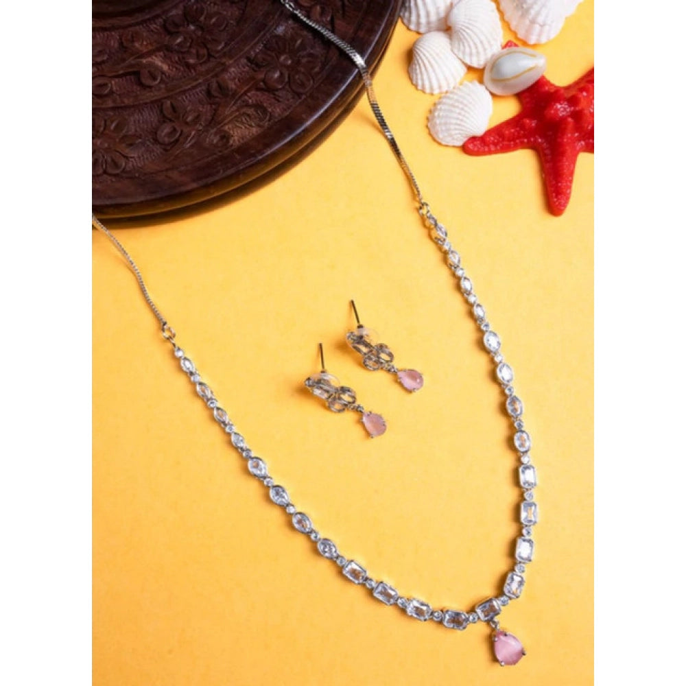 Amfyn Women's Brass Silver Plated Necklace set (Pink)