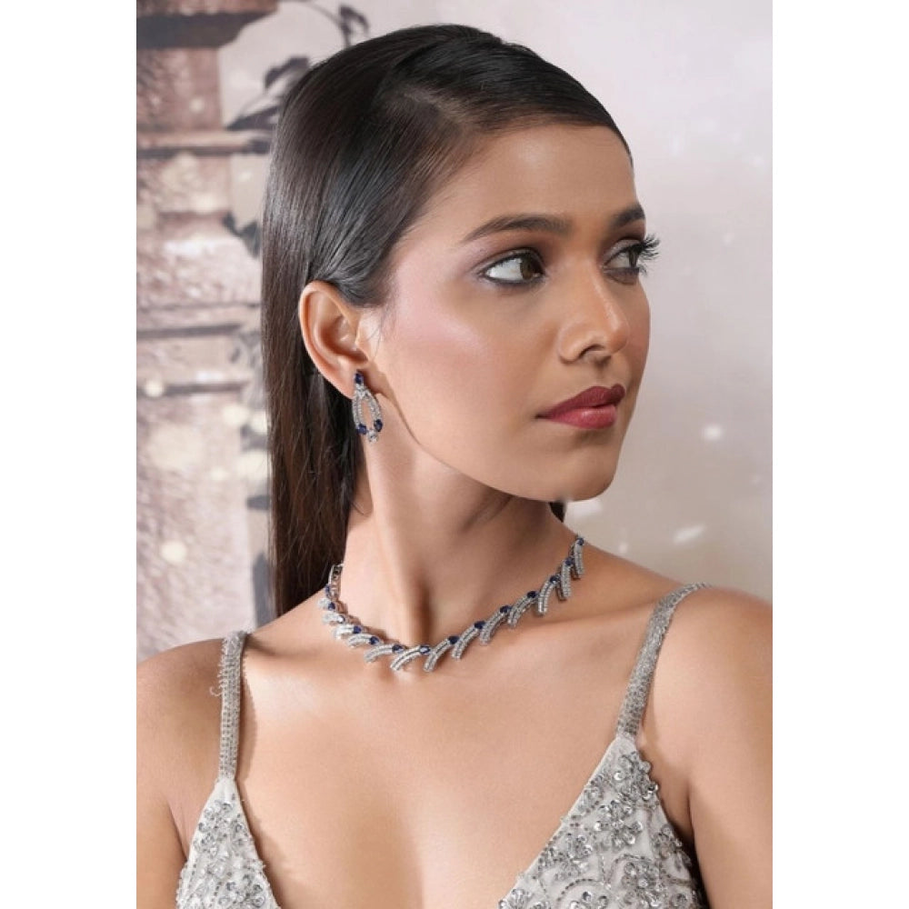 Amfyn Women's Brass Silver Plated Necklace set (Blue)