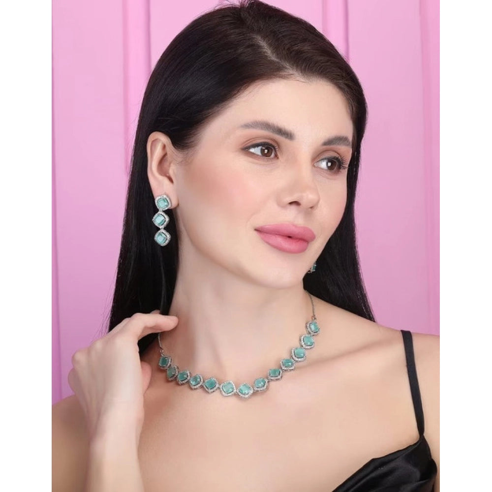 Amfyn Women's Brass Silver Plated Necklace set (Turquoise)