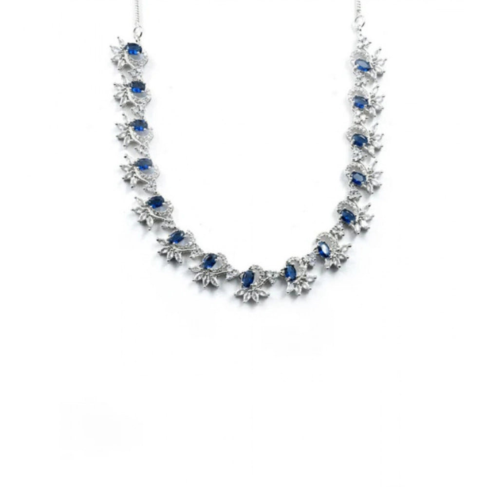 Amfyn Women's Brass Silver Plated Necklace set (Blue)
