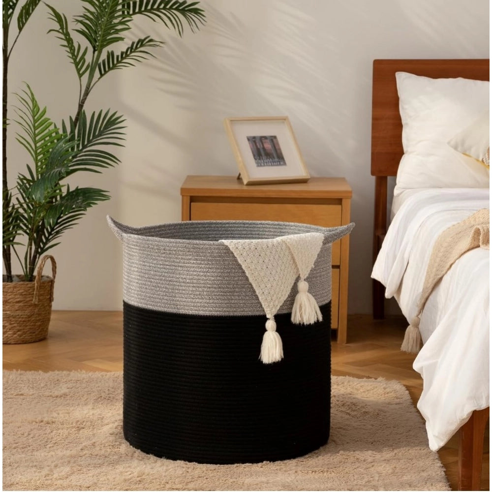 Amfyn Cotton 12x14 Inch-1 Pcs Storage Basket For Clothes With Out Lid (Gray-Black)