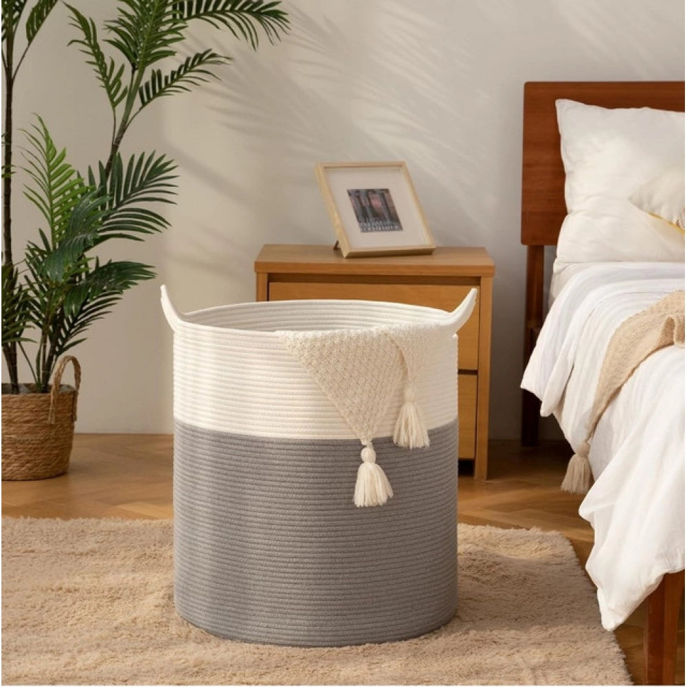 Amfyn Cotton 12x14 Inch-1 Pcs Storage Basket For Clothes With Out Lid (Gray-White)