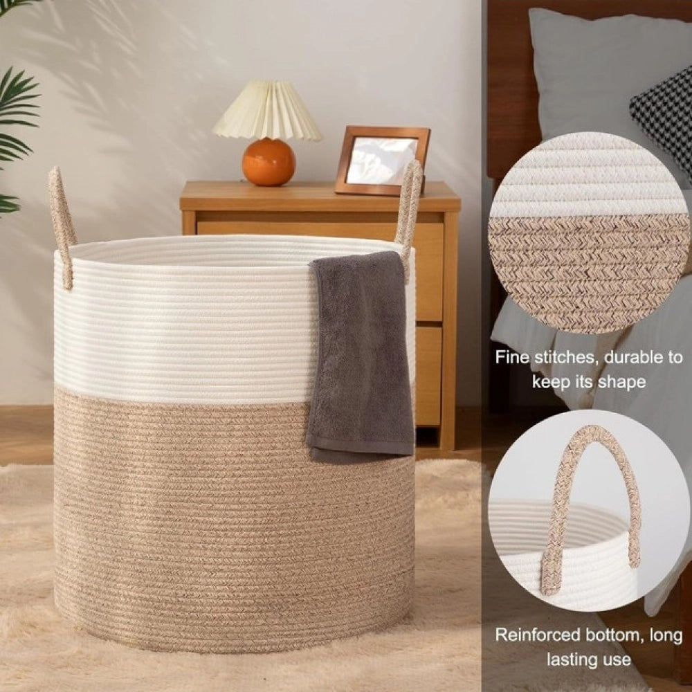 Amfyn Cotton 12x14 Inch-Kidi-Handle Storage Basket For Clothes With Out Lid (Kidi-White)