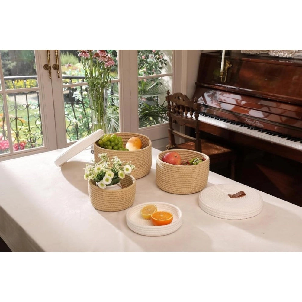 Amfyn Cotton 3 Pcs Set Roti Box Storage Basket With Lid (Beige-White)