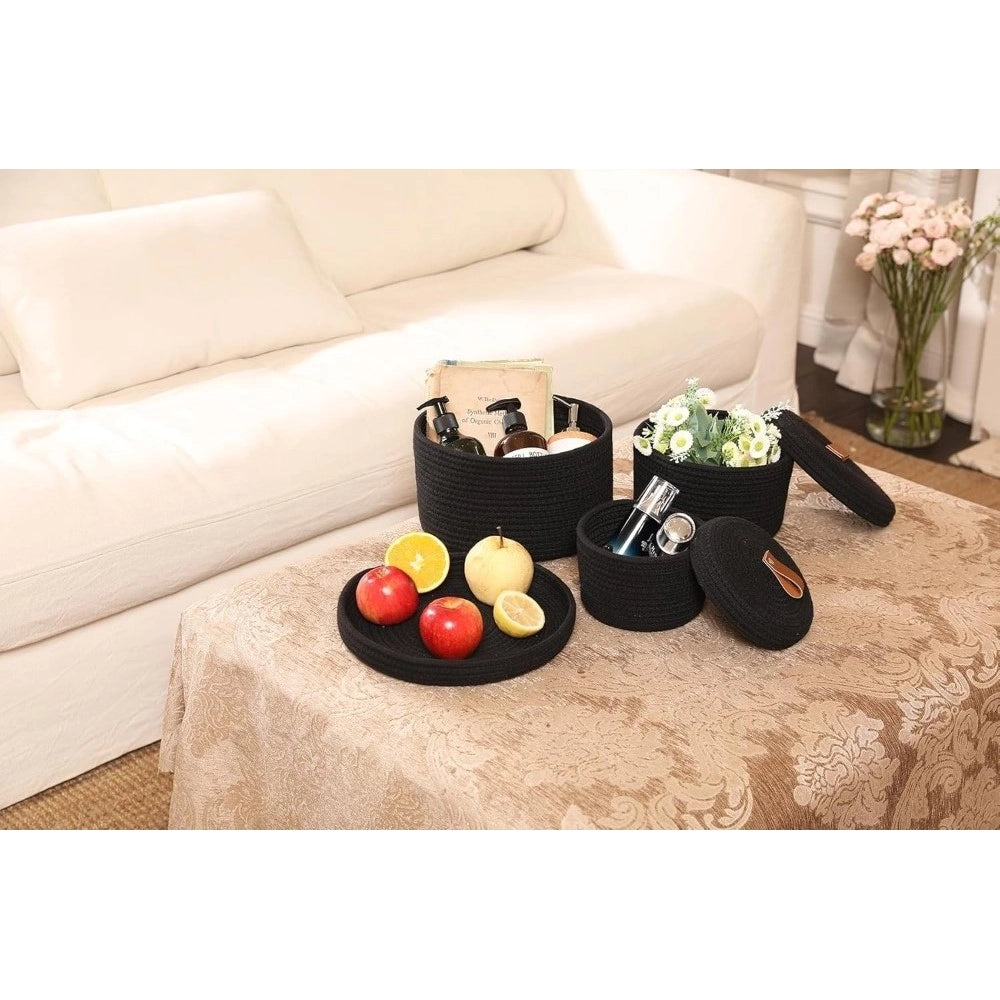 Amfyn Cotton 3 Pcs Set Roti Box Storage Basket With Lid (Black)