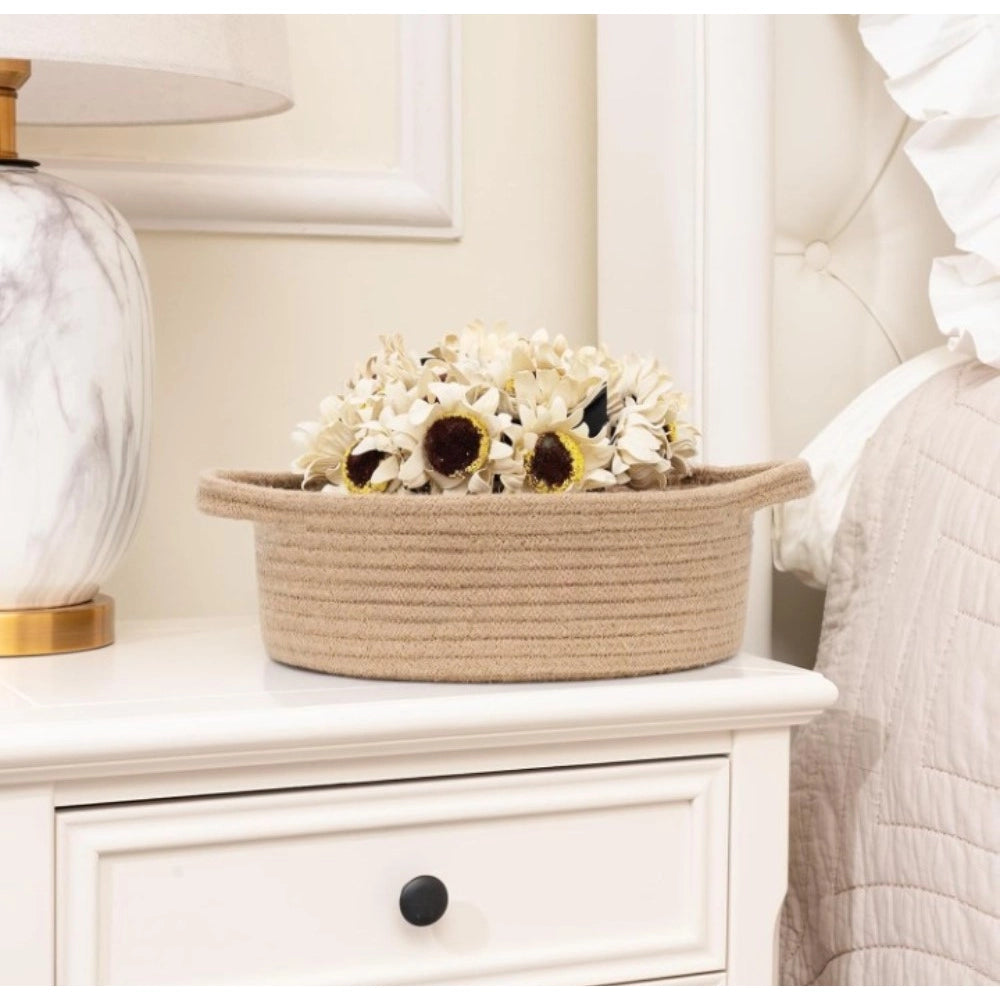 Amfyn Cotton 8x3 Inch Round Bedside Organizer With Out Lid (Beige)