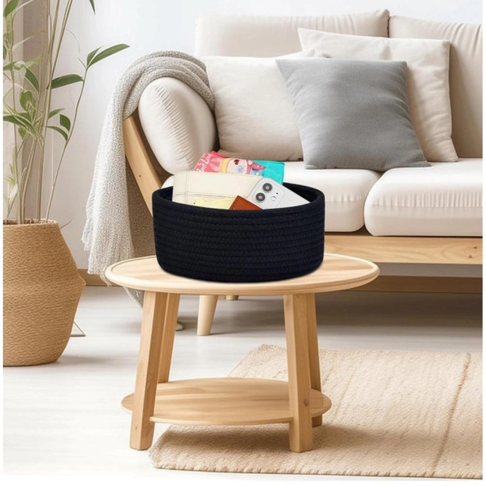 Amfyn Cotton 8x3 Inch Round 1 Pcs Bedside Organizer With Out Lid (Black)