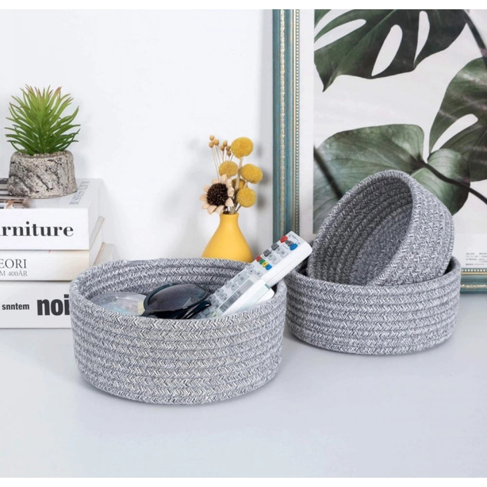 Amfyn Cotton 8x3 Inch Kidi Round 3 Set Bedside Organizer With Out Lid (Gray)