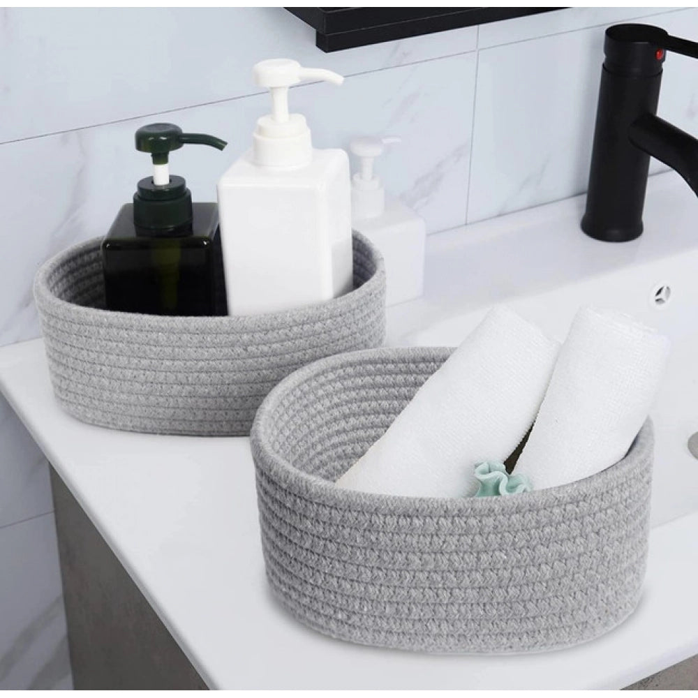 Amfyn Cotton 8x3 Inch Round 2 Set Bedside Organizer With Out Lid (Gray)