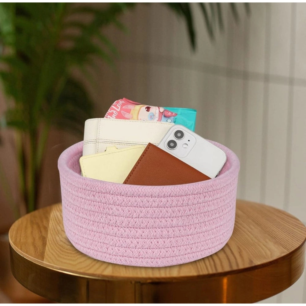 Amfyn Cotton 8x3 Inch Round 1 Pcs Bedside Organizer With Out Lid (Pink)