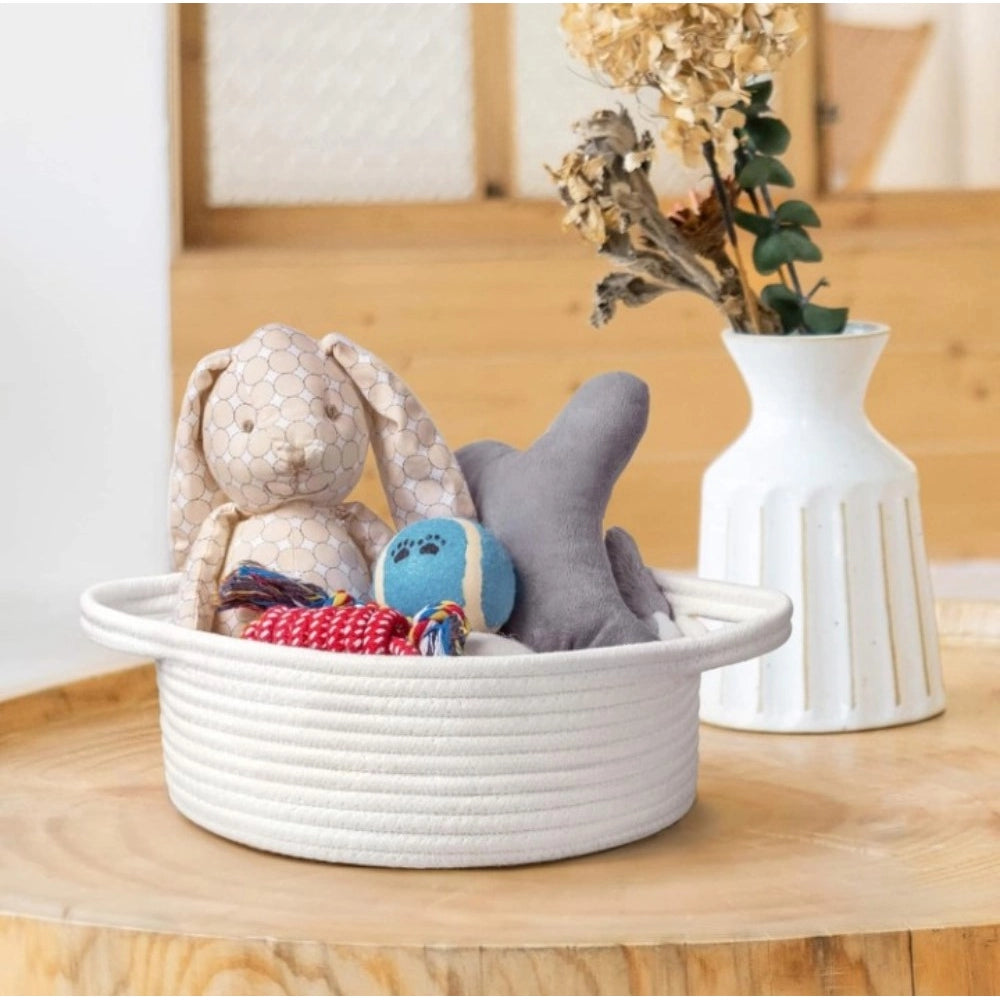 Amfyn Cotton 8x3 Inch Round Bedside Organizer With Out Lid (White)