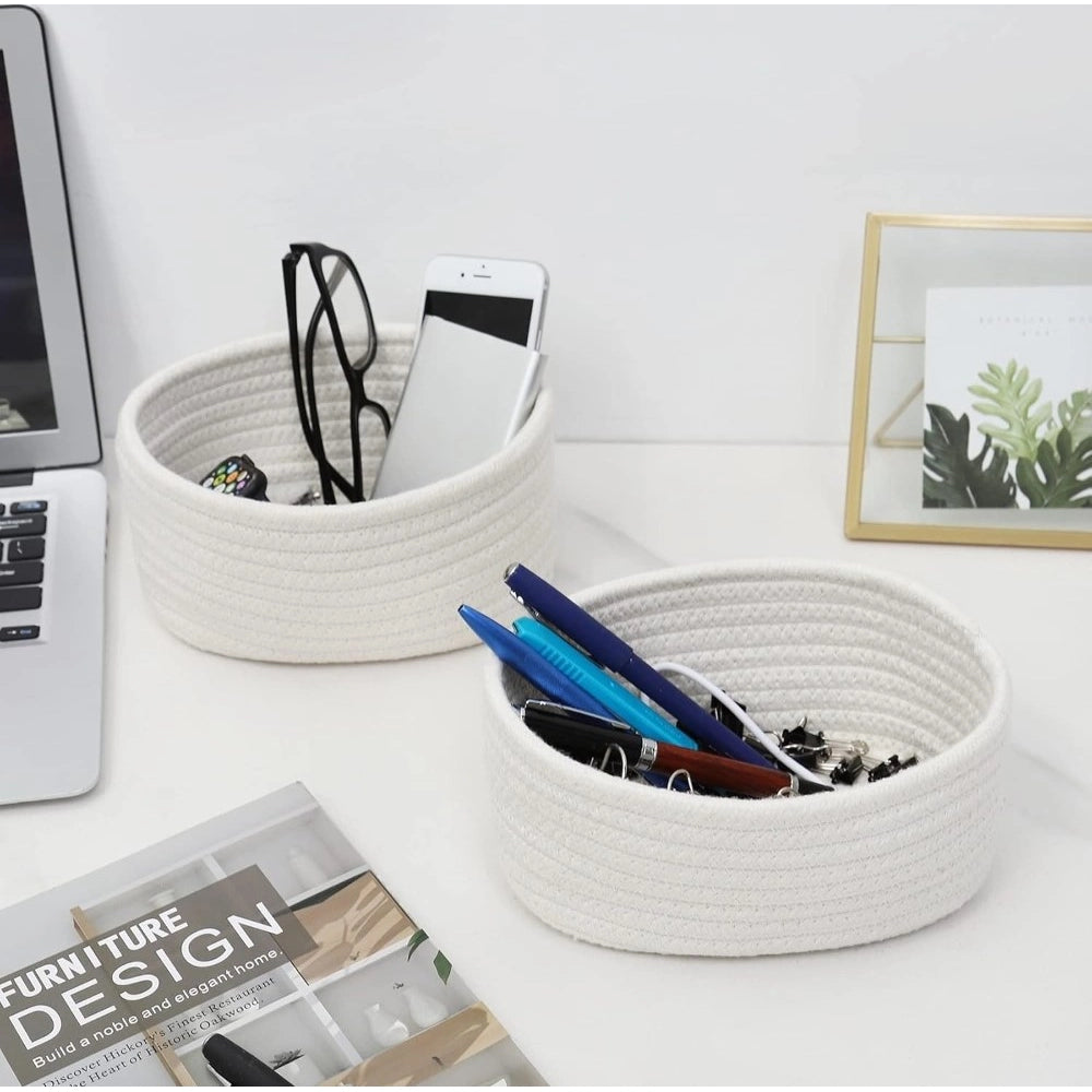 Amfyn Cotton 8x3 Inch Round 2 Set Bedside Organizer With Out Lid (White)