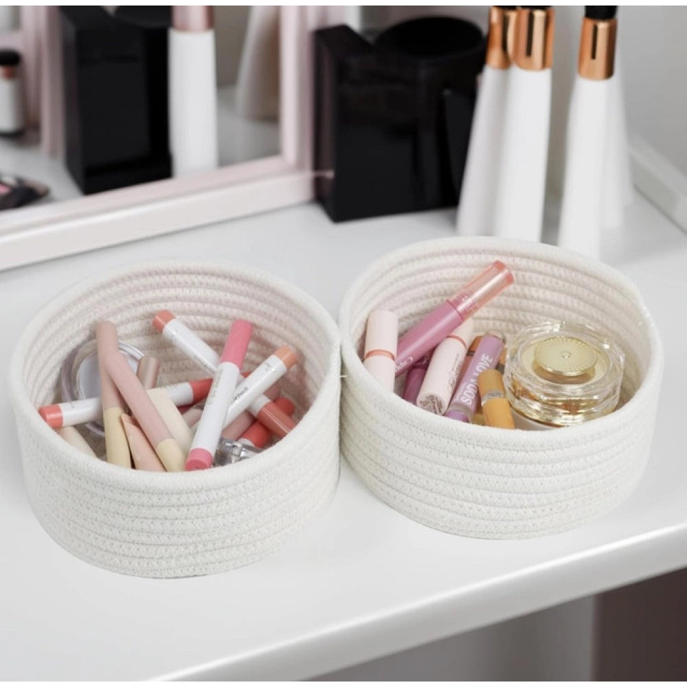 Amfyn Cotton 8x3 Inch Round 3 Set Bedside Organizer With Out Lid (White)