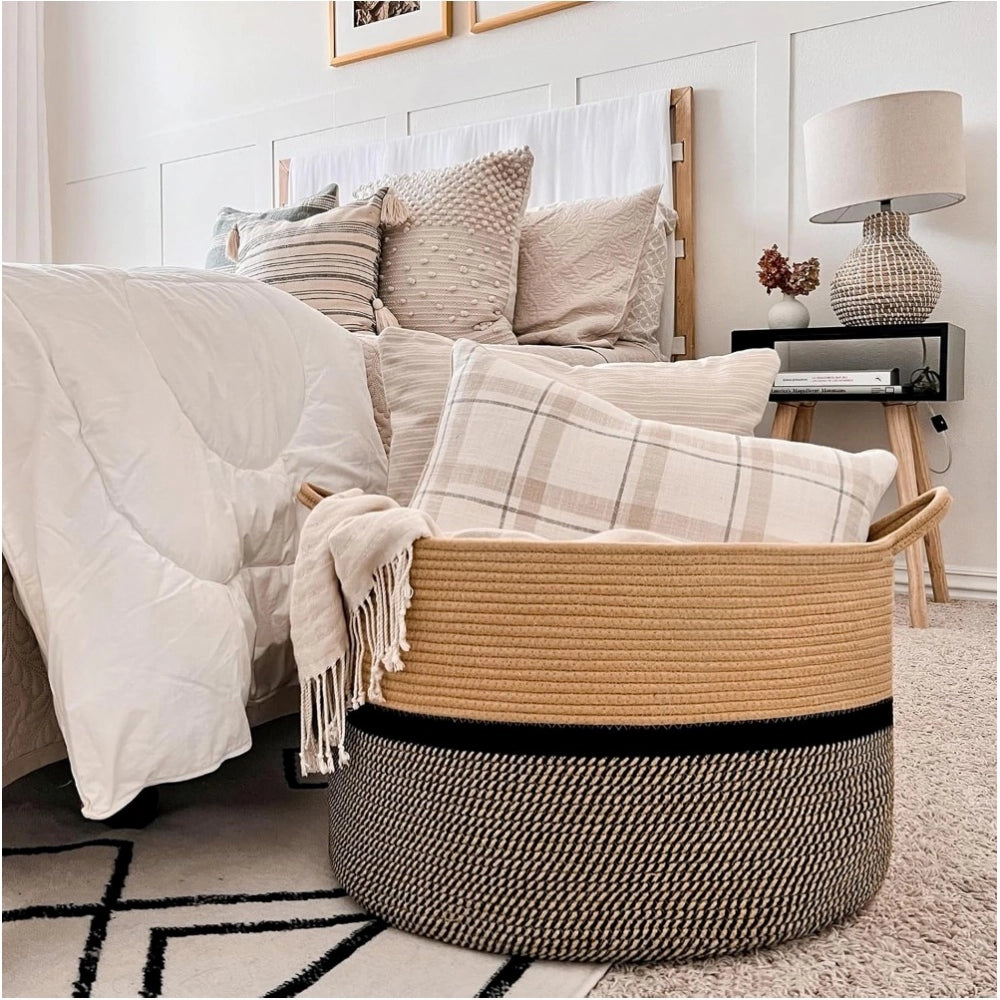Amfyn Cotton Dori 16x14 Inch Storage Basket For Clothes With Out Lid (Beige-Beige-Black)