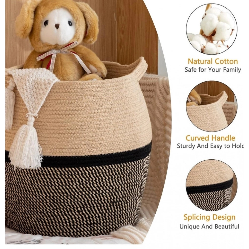 Amfyn Cotton Matka 14x12 Inch Storage Basket For Clothes With Out Lid (Beige-Black)