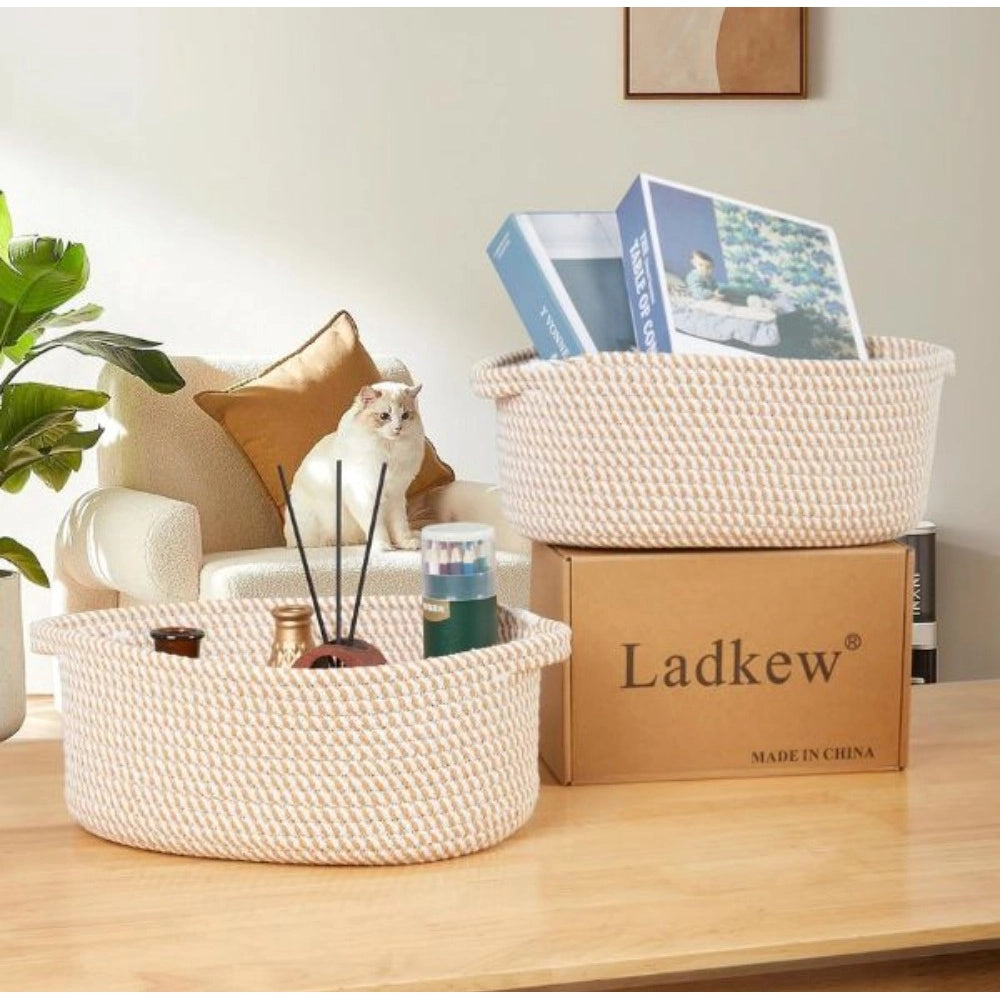 Amfyn Cotton 2 Pcs 10x7x4 Inch Oval Storage Basket For Clothes (Beige)