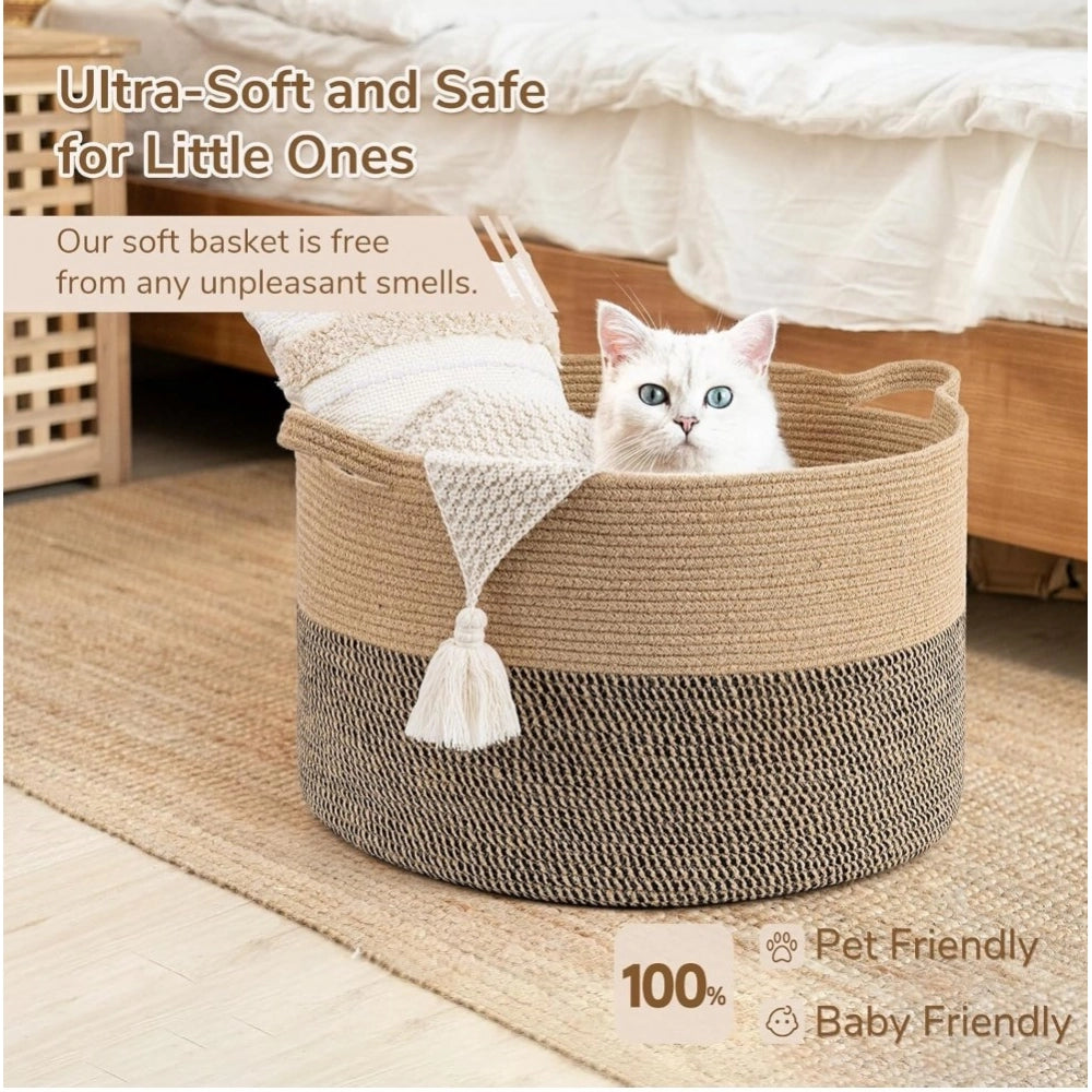Amfyn Cotton Pack Of_1 16x14 Inch Storage Basket For Clothes With Out Lid (Beige-Beige-Black)