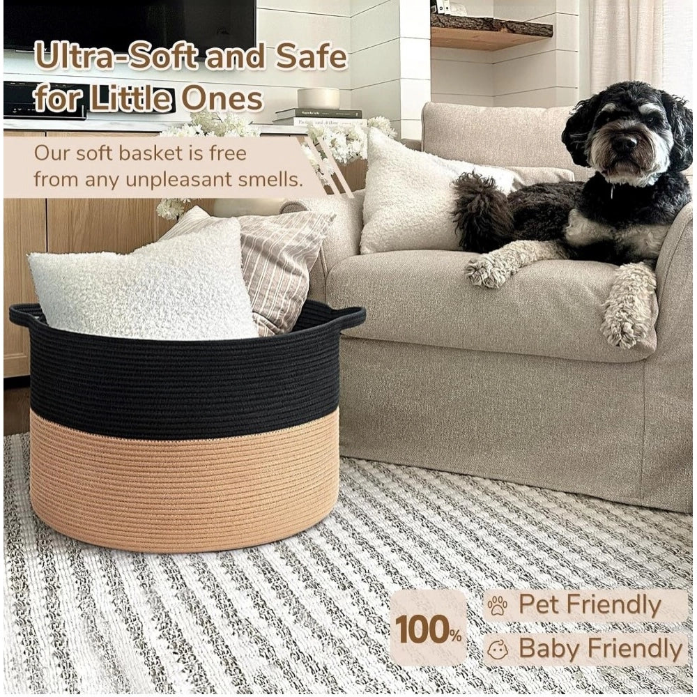 Amfyn Cotton Pack Of_1 16x14 Inch Storage Basket For Clothes With Out Lid (Black-Beige)