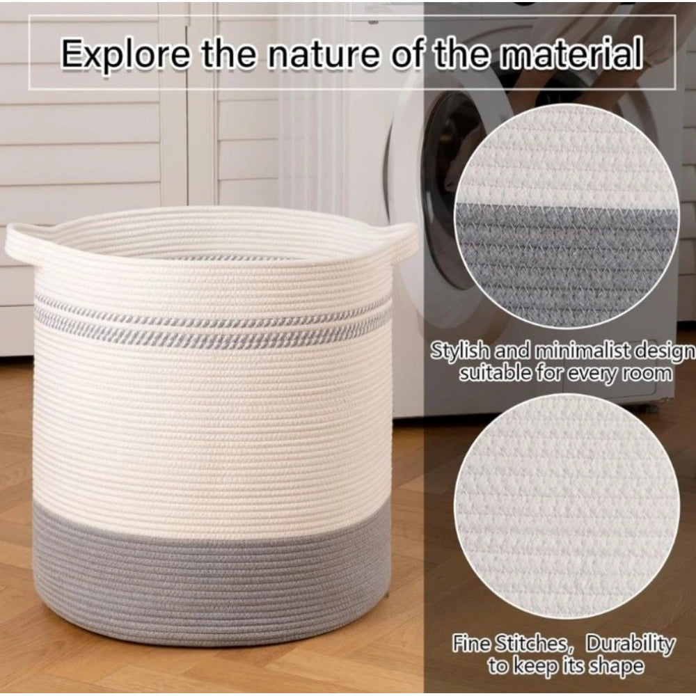 Amfyn Cotton Pack Of_1 12x14 Inch Storage Basket For Clothes (Grey-White)