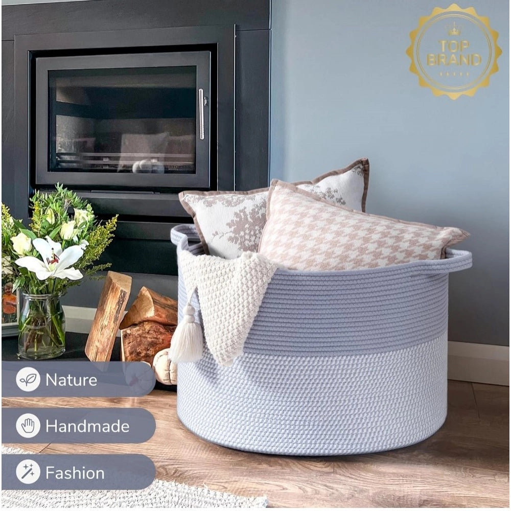Amfyn Cotton Pack Of_1 16x14 Inch Storage Basket For Clothes With Out Lid (Blue-White)