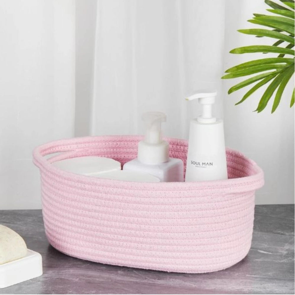 Amfyn Cotton 10x7x4 Inch2 Pcs Oval Storage Basket For Clothes (Pink)