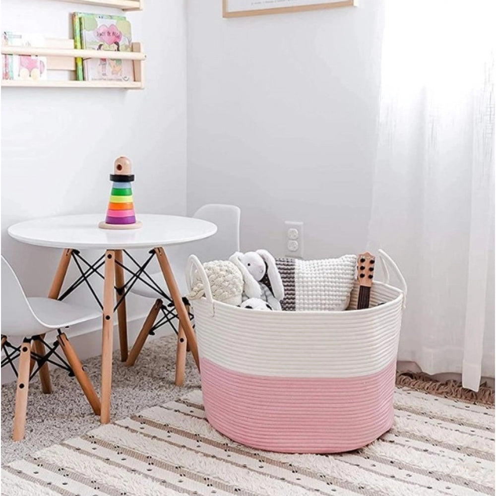 Amfyn Cotton Pack Of_1 14x12 Inch Laundry Storage Basket For Clothes (Pink-White)
