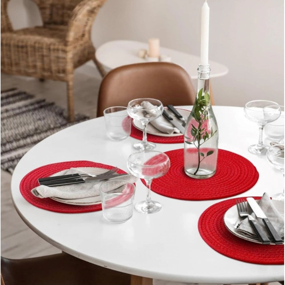 Amfyn Cotton Dining Table Round Placemat Mats Set of 4 (Red)