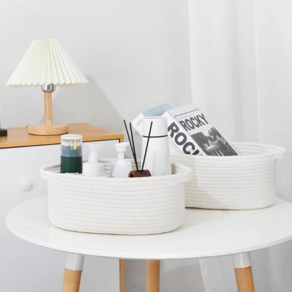 Amfyn Cotton 10x7x4 Inch2 Pcs Oval Storage Basket For Clothes (White)