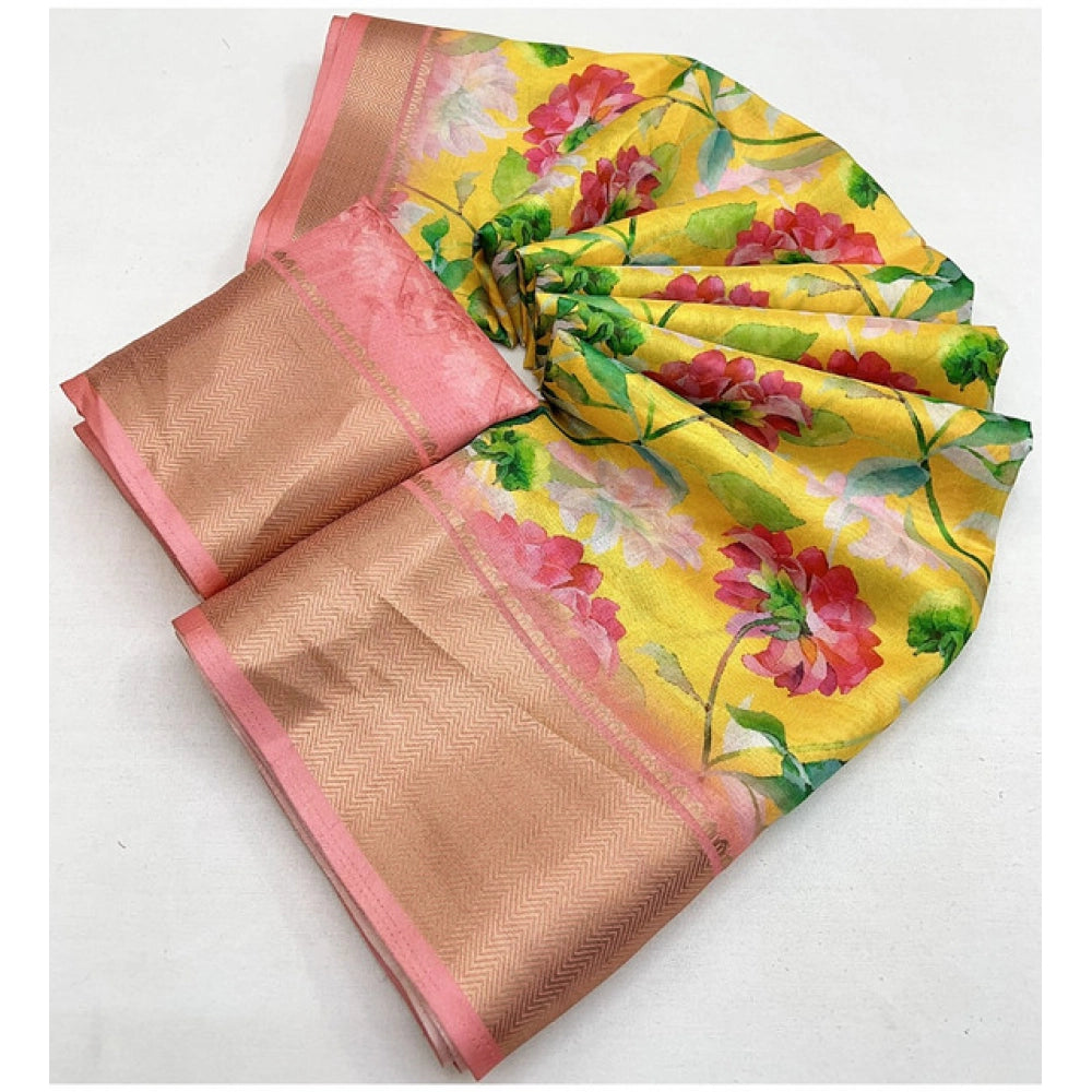 Amfyn Women's Cotton Silk Floral Printed Saree With Unstitched Blouse 5.5Mtr (Yellow)