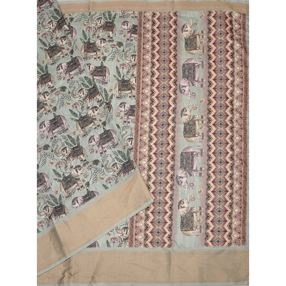 Amfyn Women's Cotton Silk Printed Saree With Unstitched Blouse 5.5Mtr (Green)