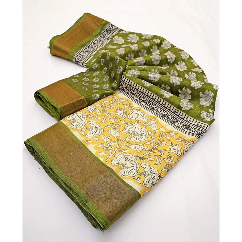 Amfyn Women's Cotton Blend Printed Saree With Unstitched Blouse 5.5Mtr (Mehandi)