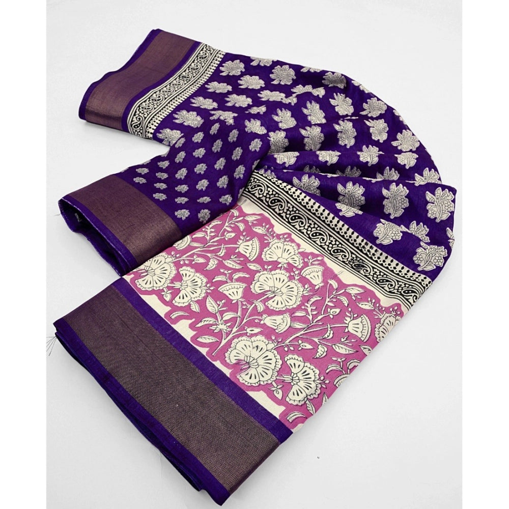 Amfyn Women's Cotton Blend Printed Saree With Unstitched Blouse 5.5Mtr (Purple)