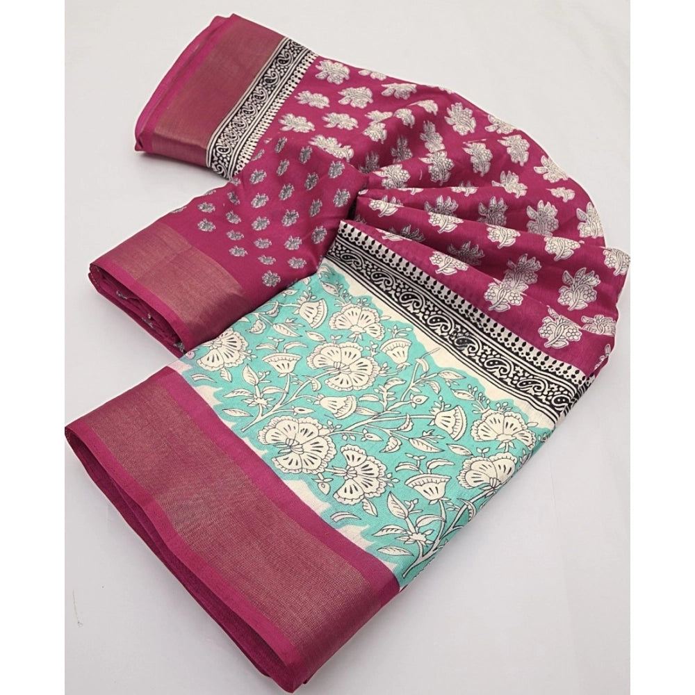 Amfyn Women's Cotton Blend Printed Saree With Unstitched Blouse 5.5Mtr (Multicolor)