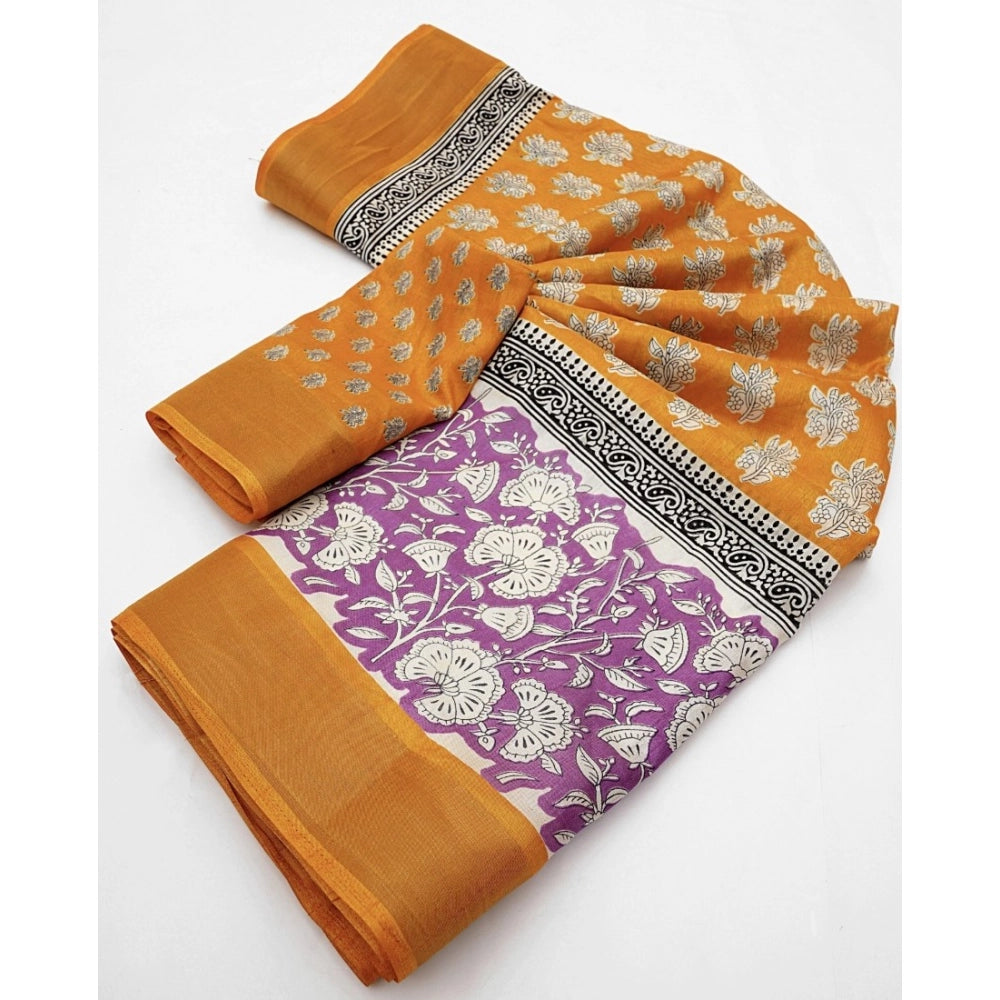Amfyn Women's Cotton Blend Printed Saree With Unstitched Blouse 5.5Mtr (Yellow)