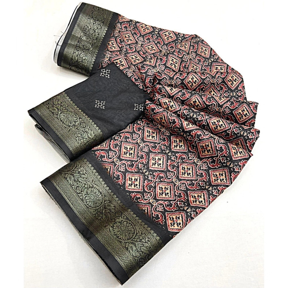 Amfyn Women's Cotton Blend Printed Saree With Unstitched Blouse 5.5Mtr (Black)