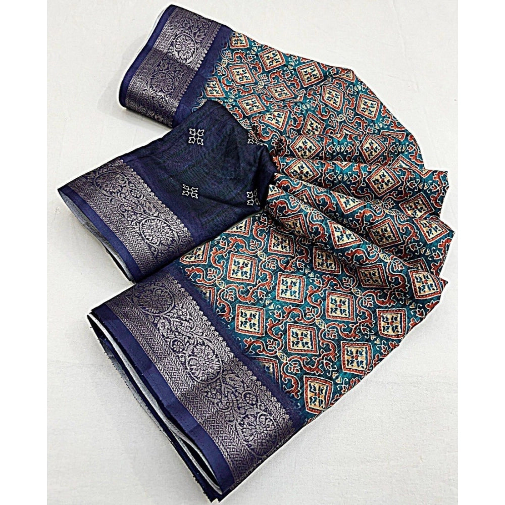 Amfyn Women's Cotton Blend Printed Saree With Unstitched Blouse 5.5Mtr (Blue)